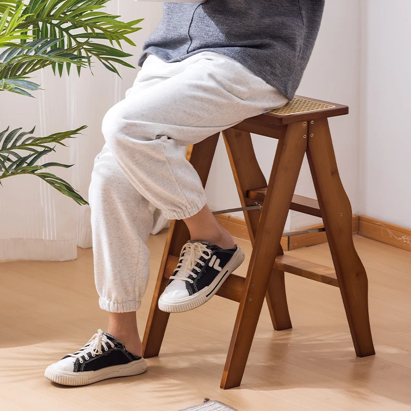 Bamboo Multi-functional Folding Ladder Stool Household Climbing Shoe Stool Dual-use Kitchen Three-step Ladder Bar Ladder Chair