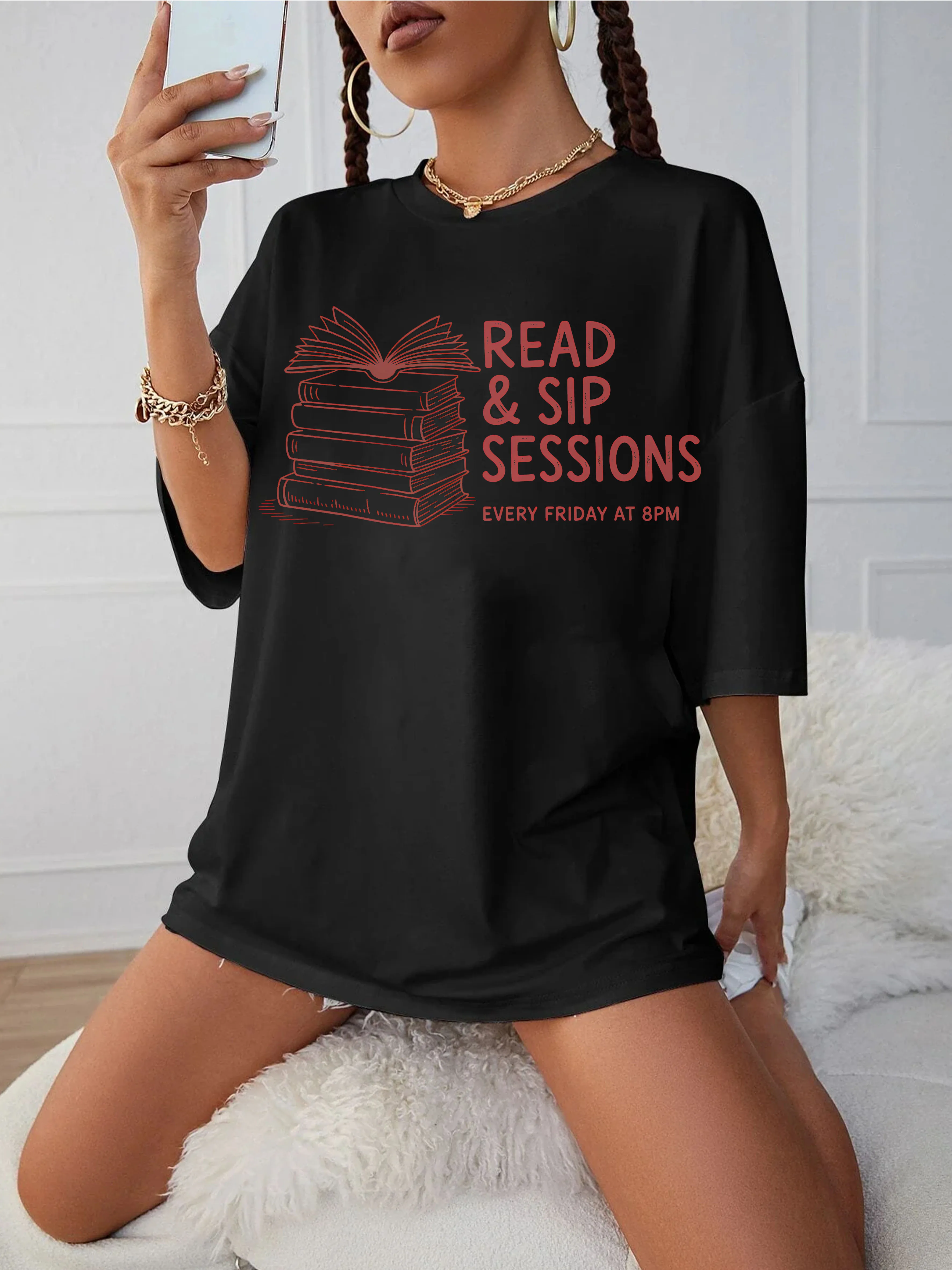

read sip sessions every friday at 8pm Black Round Neck Maternity T-Shirt Loose Fit Comfortable Winter Wear for Late Pregnancy