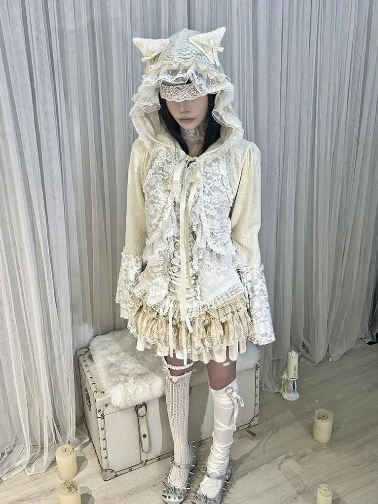 HBreaker New Design Black White Lace Knitted Velour Open Stitch Japanese Kawaii Cute Girls Cat Ear Cardigan Jacket All Match