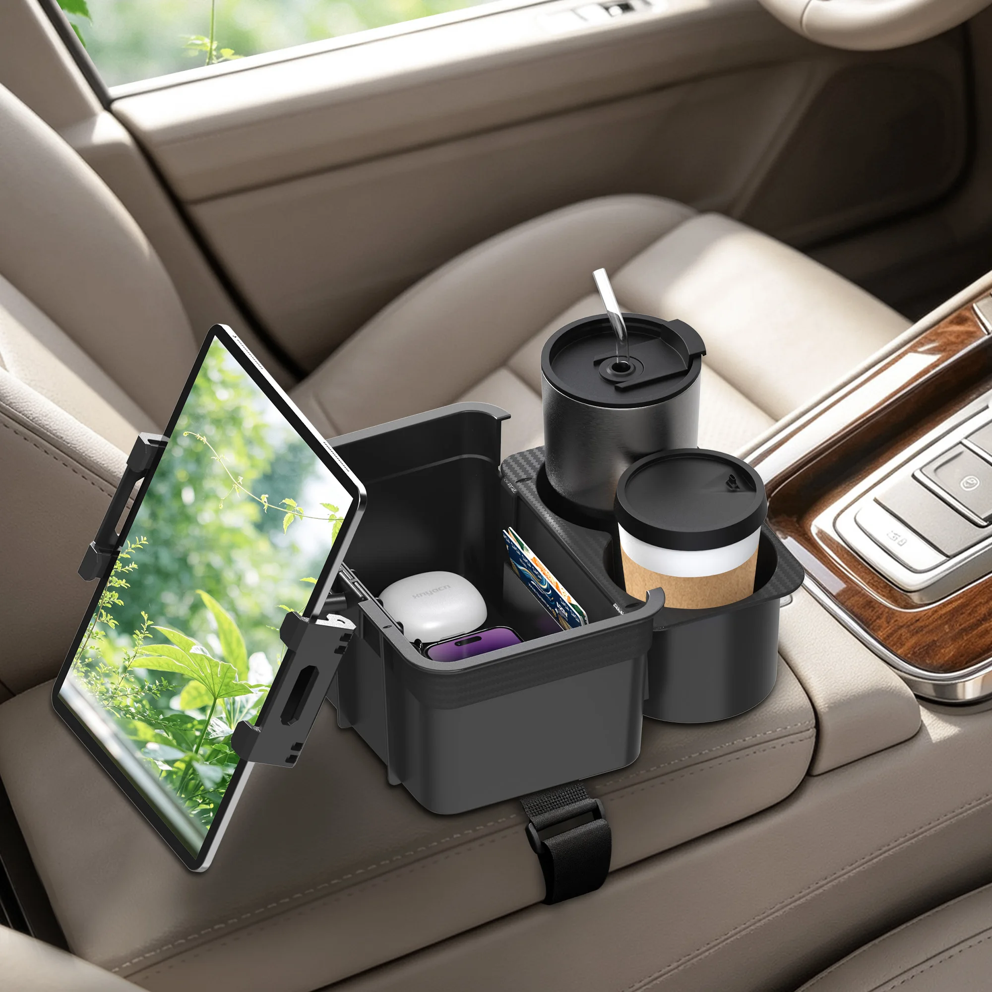 Car Armrest Storage Box Tablet Holder Center Console Tray Adjustable Phone Mount Organizer for Sedan SUV Truck Backseat Travel