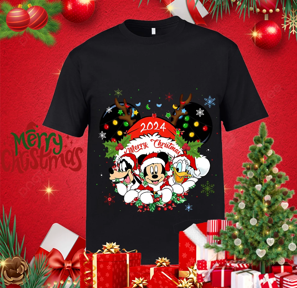 Mickey Christmas 2024 Print Men\'s T-shirt Casual Top Cotton Short Sleeve