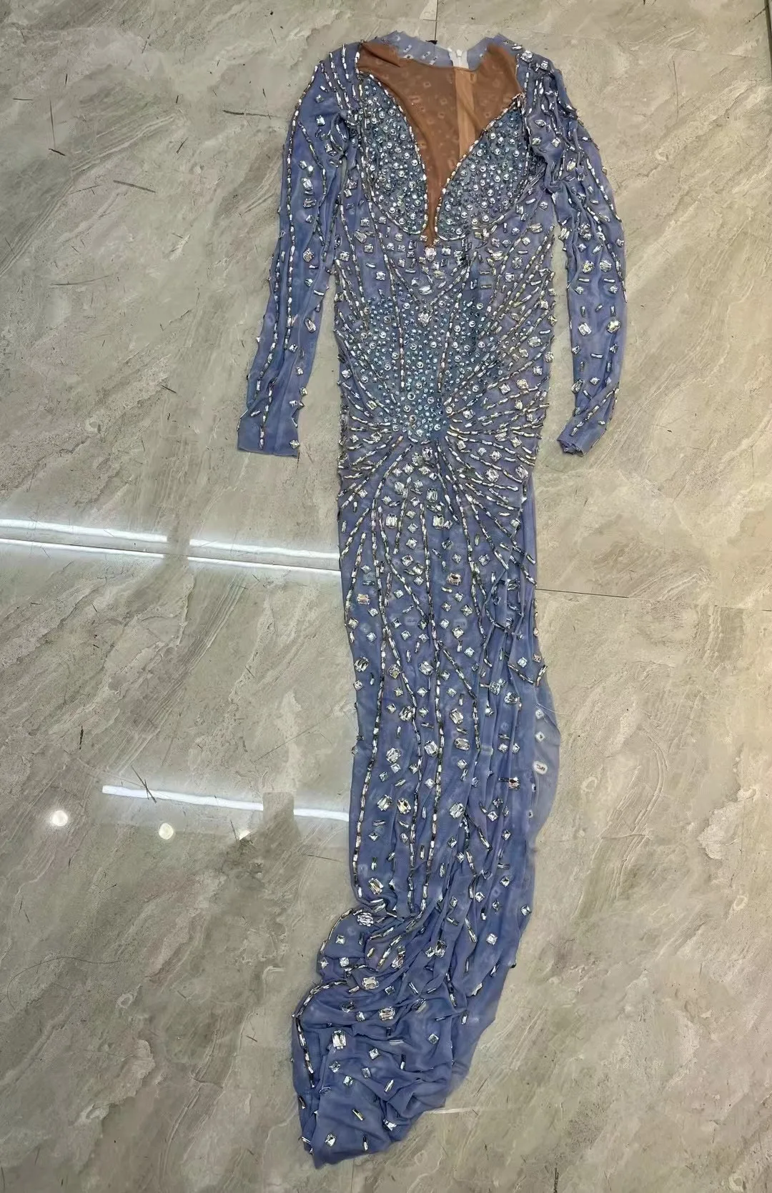 Strój do tańca, rozciągnięcia, kryształki, studniówka, piosenkarka, kolekcje taneczne, seksowny, sceniczny, błyszczący, srebrne cyrkonie, urodziny, świętowanie, niebieska sukienka