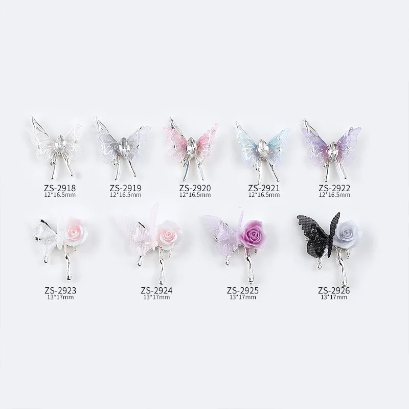 5PCS Fairy Translucent Wings Butterfly 3D Sweet Rose Sparkle Pile Diamonds Nail Art Rhinestones Decorations Manicure Ornaments