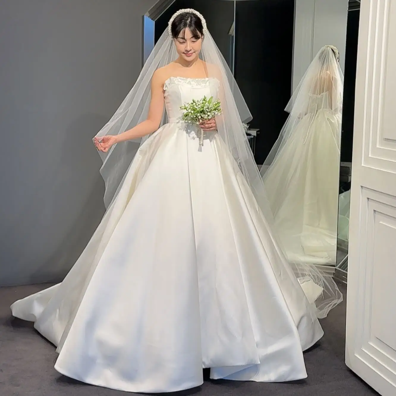 OEING Strapless Korea Luxury Formal Wedding Dresses Simple Ivory Sleeveless 프롬드레스 Floor Length Elegant Bride Gowns Party Women