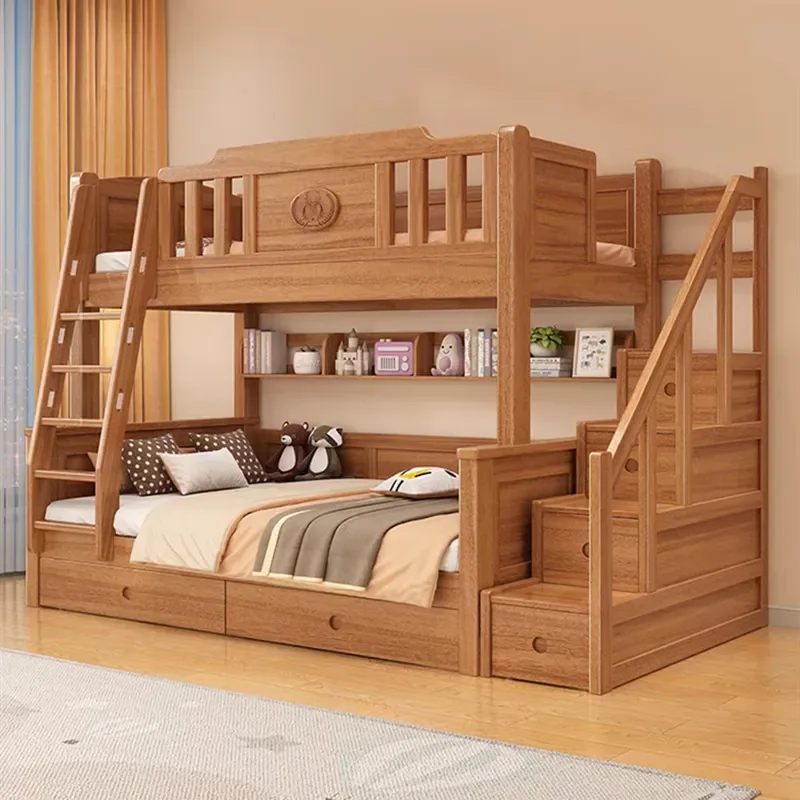 Nordic Style Walnut Solid Wood Bunk Bed Full Tenon and Mortise Structure High Low Split Design Durable Children Bedroom