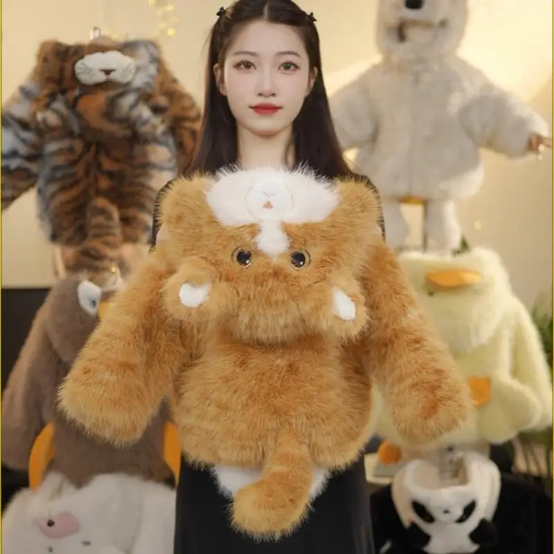 Winter Parent-Child Style Cartoon Cotton-Padded Jacket Child Cat Fleece-Lined Keep Warm Cute Eco Fur Coat Outdoor Hooded Tops