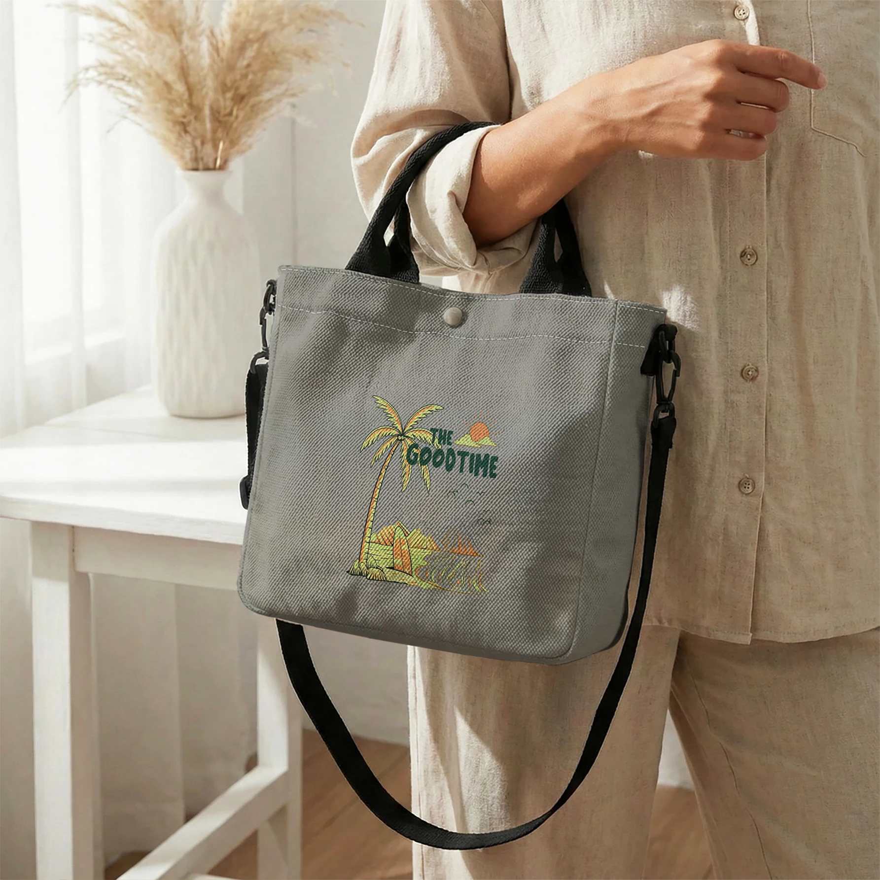 Tropical Palm Tree Sunset Print Tote Bag, Detachable Strap Crossbody Handbag For Daily Work Shopping