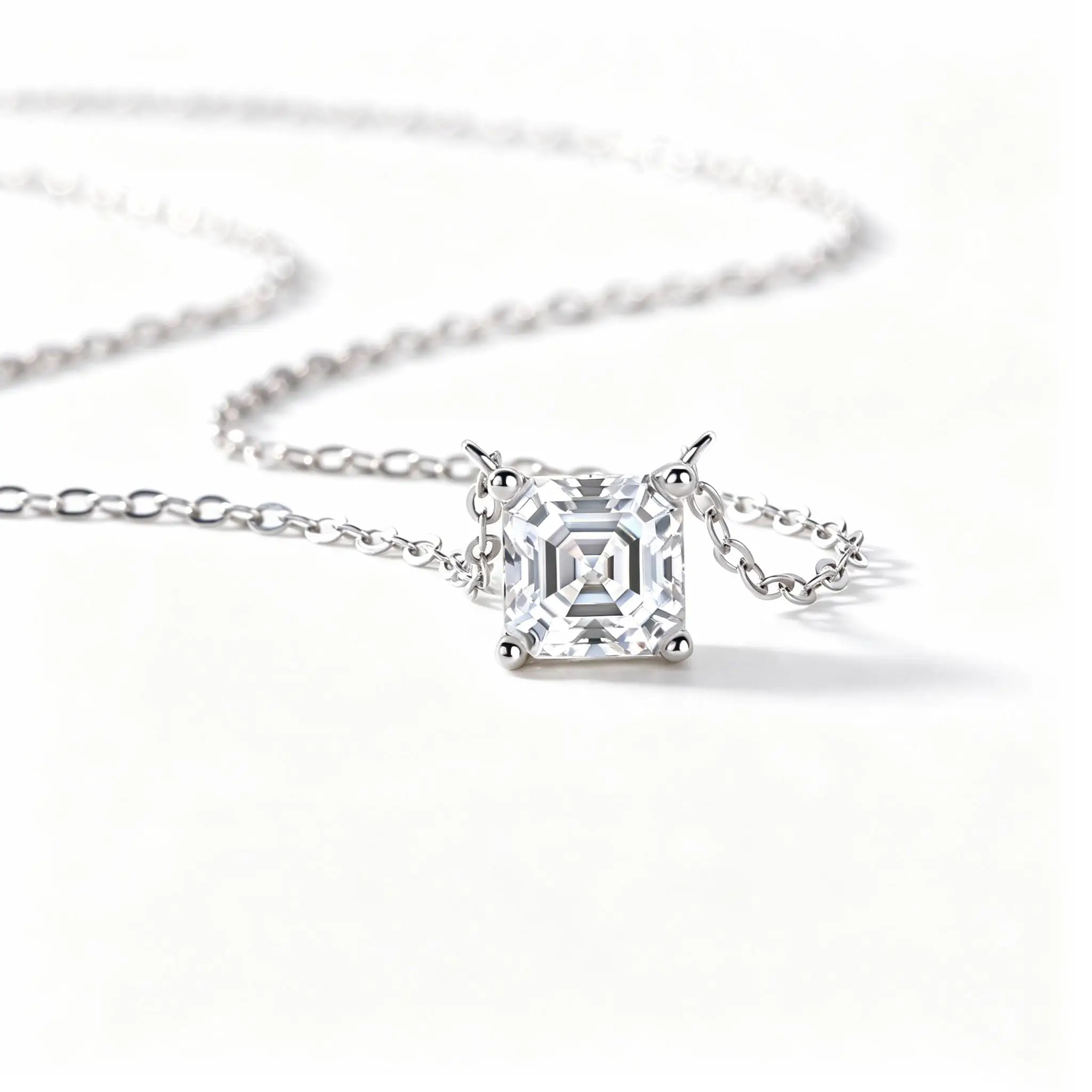 

S925 Sterling Silver Asscher Cut Stone Pendant Necklace Sparkling Square Solitaire Chain Women Jewelry Valentine Birthday Mother