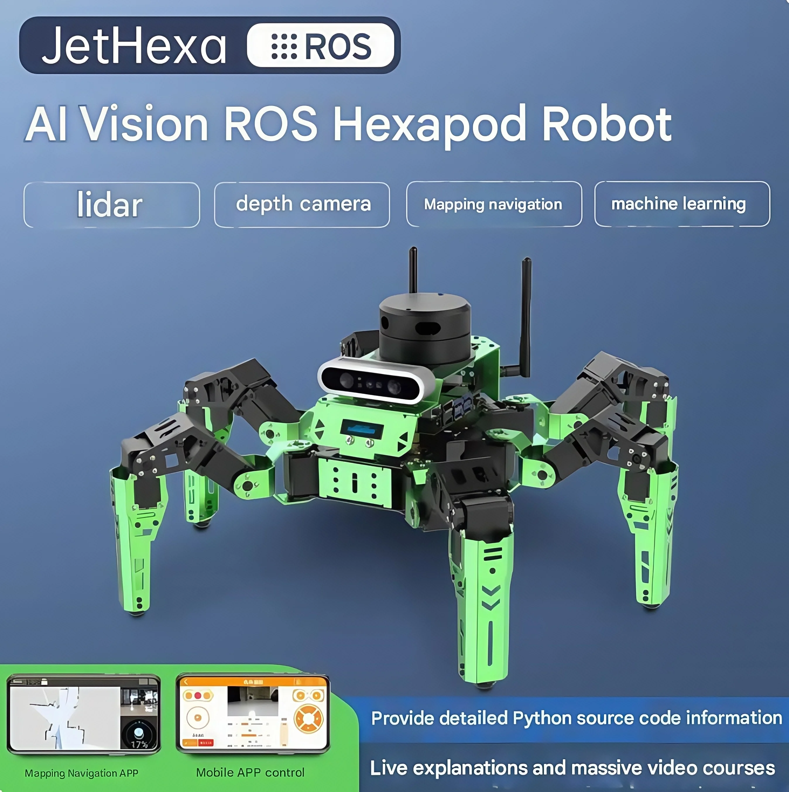 

Роскошный робот JetHexa Vision Hexapod Bionic Spider SLAM Радарная картографическая навигация JETSON NANO