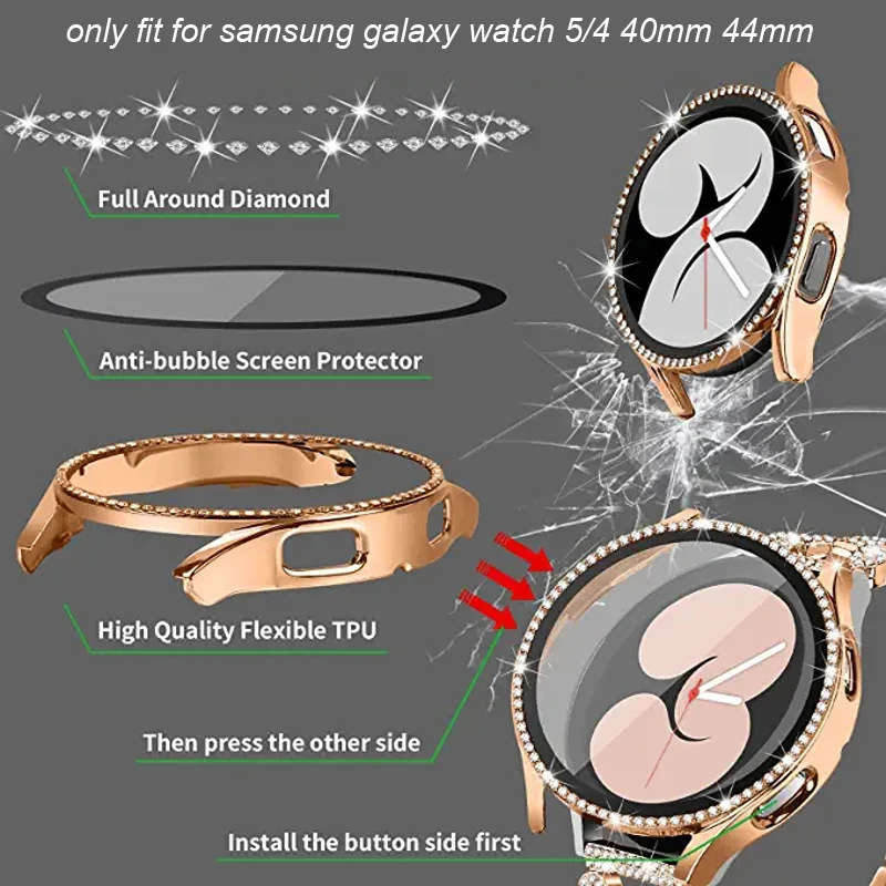 Bling Band +Case For Samsung Galaxy Watch 5 4 6 40mm 44mm Metal Diamonds Strap Cover Bracelet For Galaxy Watch 5 4 Accessories