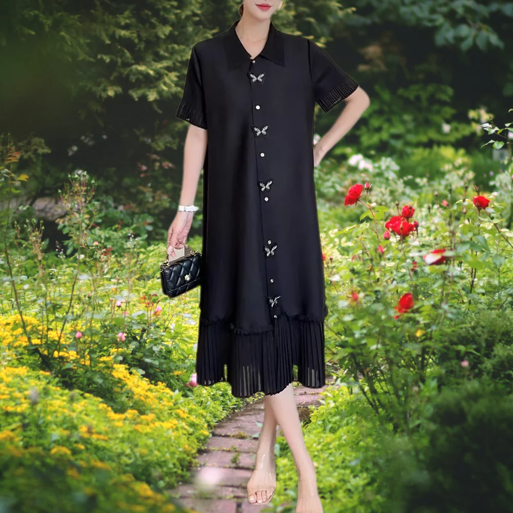 

Miyake Women's Summer Dress Premium Plisse Splicing Holiday Wind Belly Cover Skinny Elastic Lapel Short Sleeve Pleated Skirt