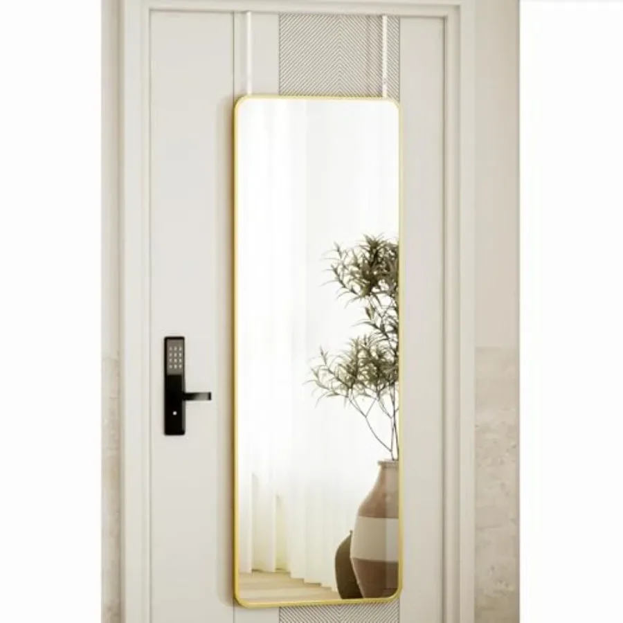 

Dorm use full-length over-the-door mirror with aluminum alloy frame, gold color, height-adjustable hangers for hanging or leani