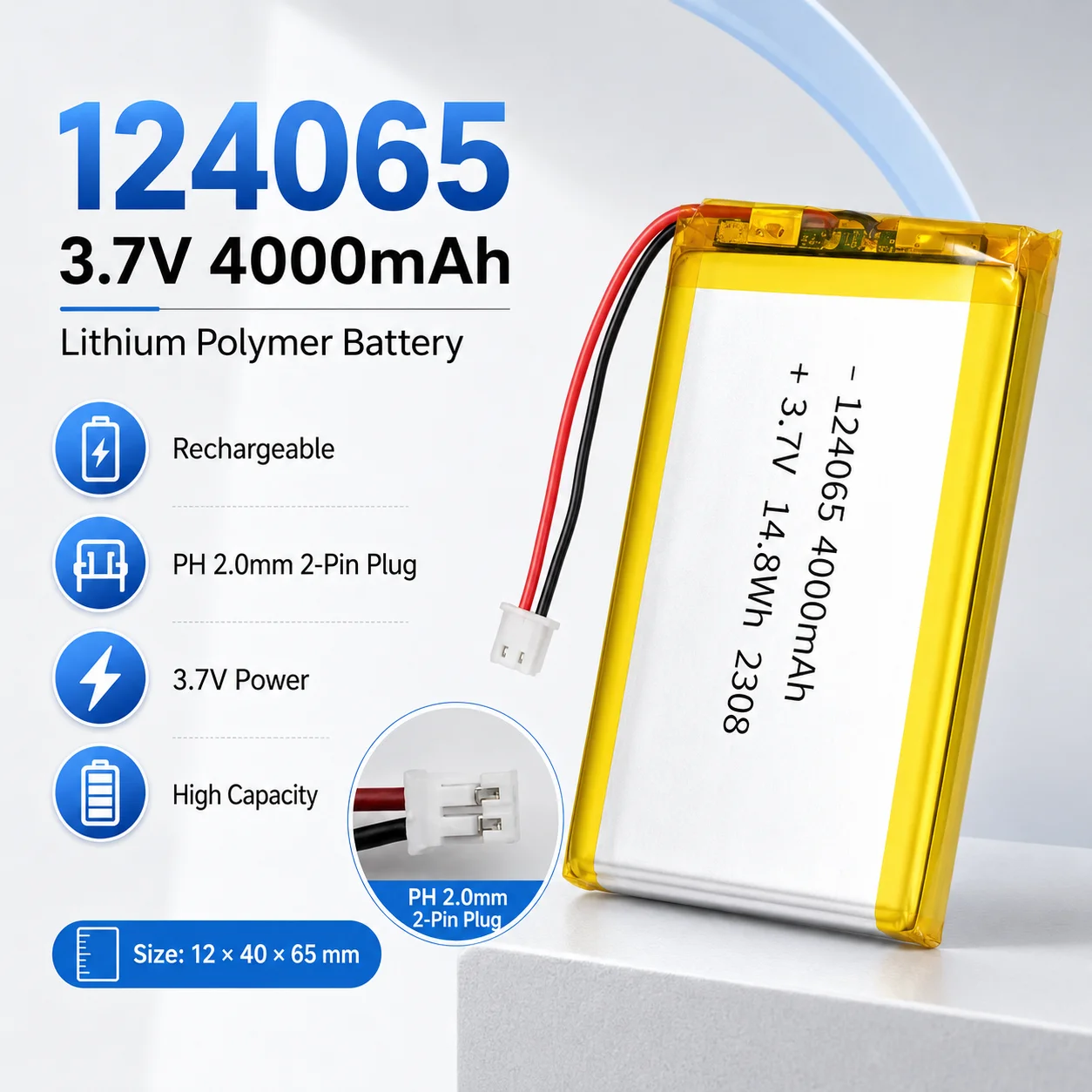 Rechargeable Polymer Lithium Battery 124065 3.7V 4000mAh Compatible Dash Cam Walkie Talkie Tablet