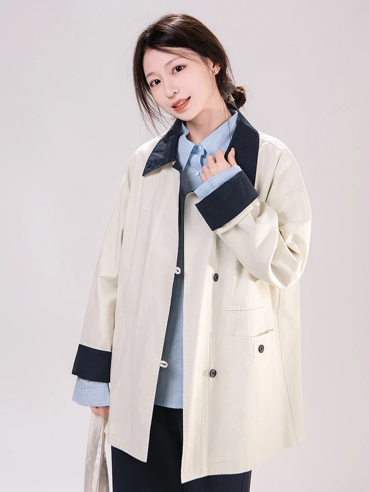 

Женское длинное пальто в рабочем стиле из хлопка ручной работы, белое, с воротником в стиле колор-блок, весенняя модная верхняя одежда свободного кроя с длинными рукавами