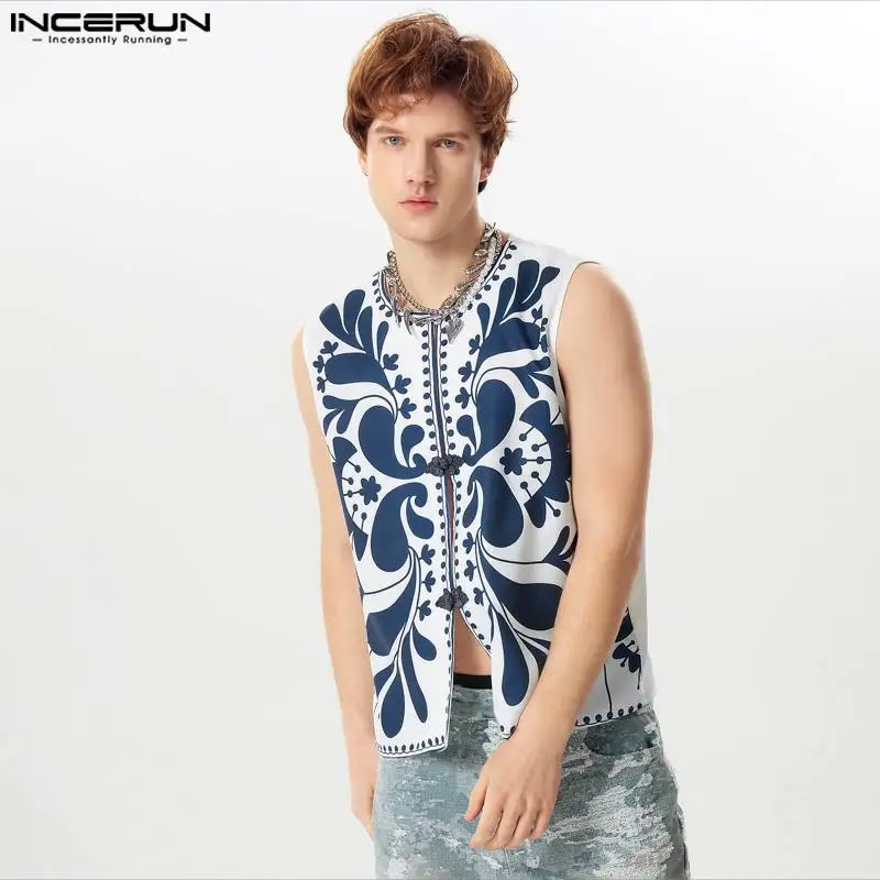 INCERUN Tops 2024 Stylish Personality Men\'s Buckle Design Shirts Streetwear Male Floral Pattern Sleeveless Cardigan Blouse S-5XL