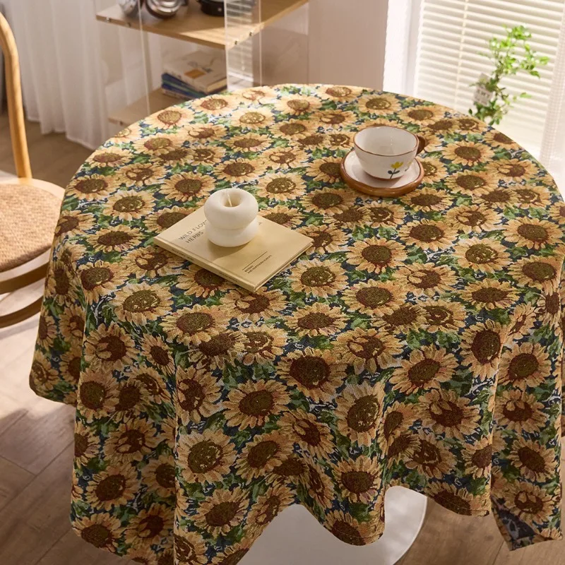 New Sunflower Jacquard Tablecloth American Retro Painting Decorative Cloth Round Tea Table Cover Cloth Dining Home Accessories