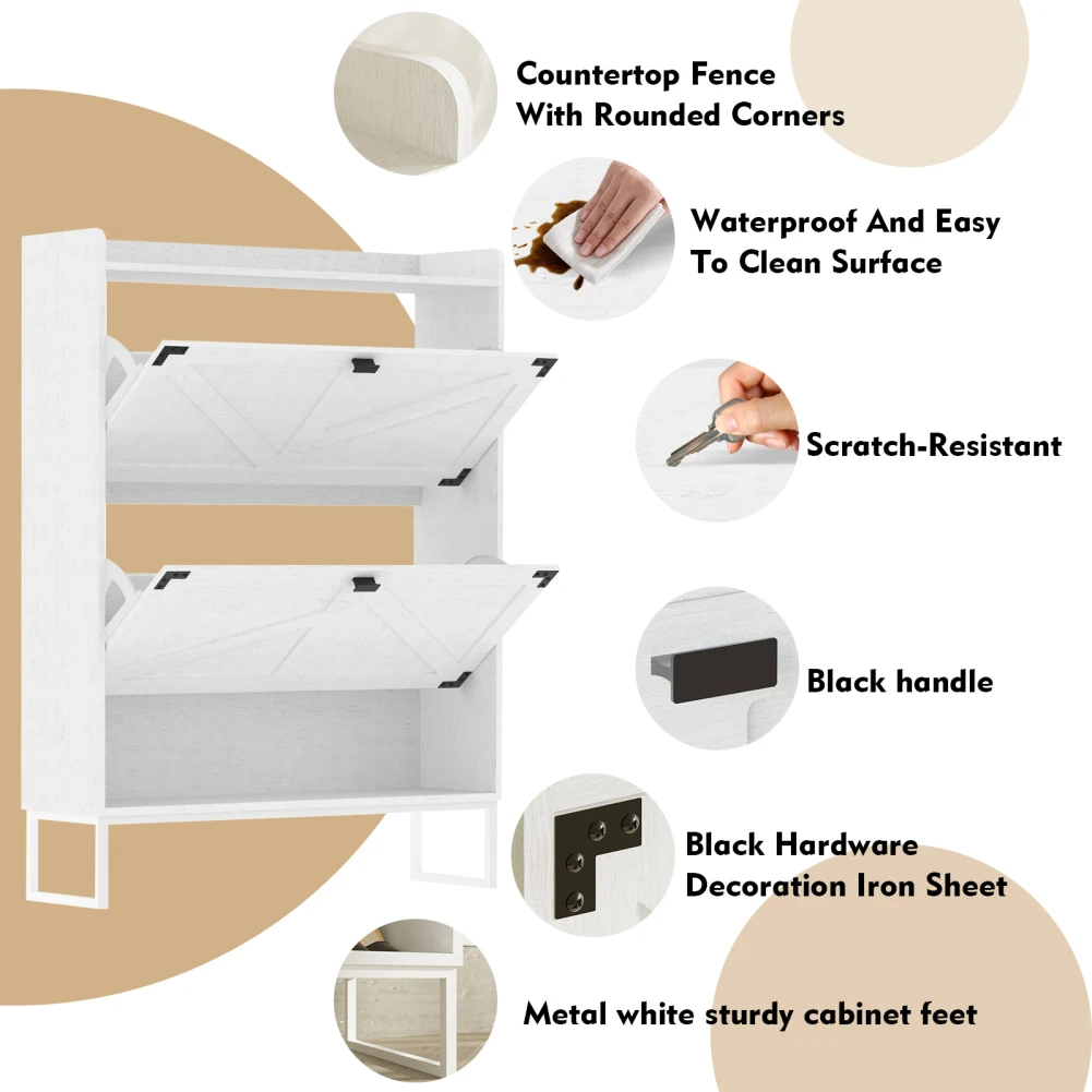 US Farmhouse Shoe Cabinet Organizer With 2 Flip Drawers And Open Storage Narrow Closed Shoe Rack Cabinet With Removable Shelves