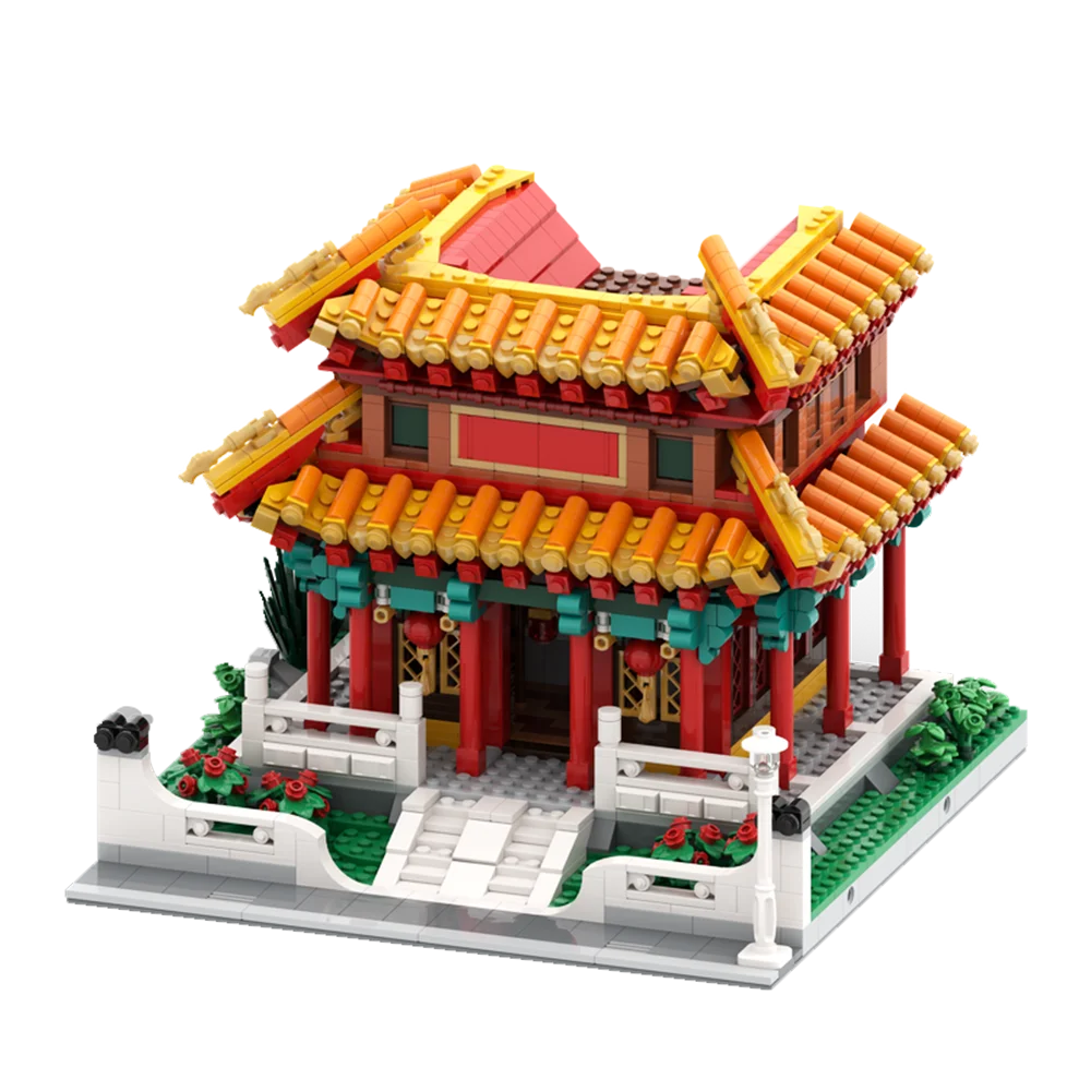 MOC God of Wealth Temple City Chinese Famous Architecture Temple Model Building Blocks set Vintage Temple Tower Bricks Kids Toy