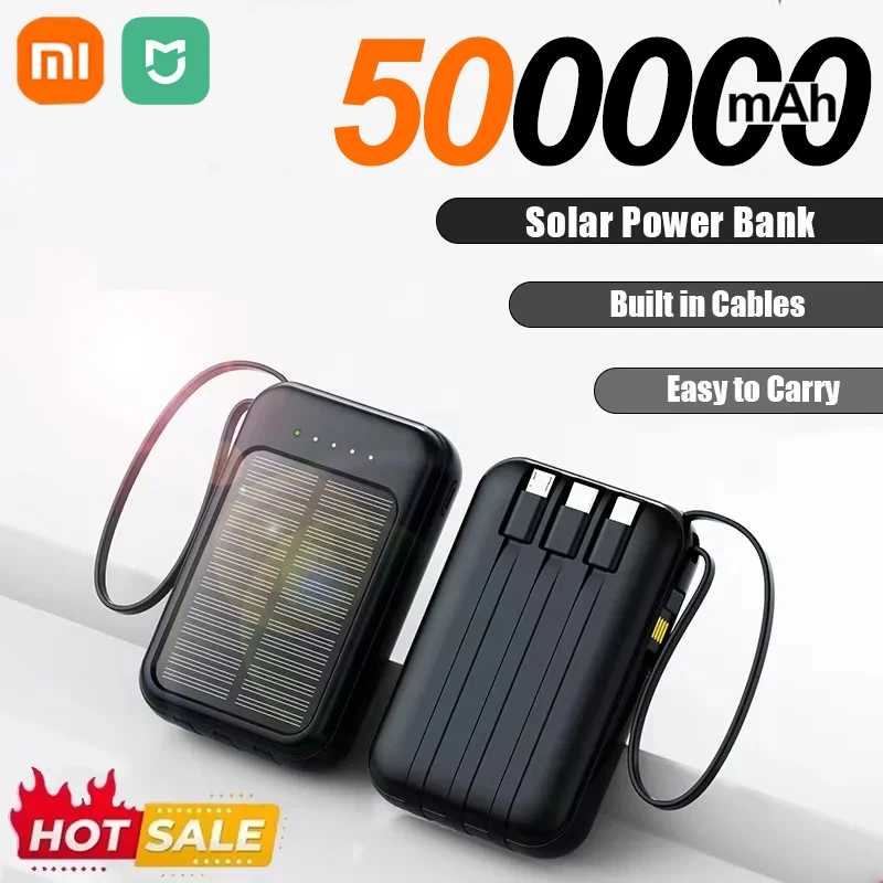 Xiaomi 50000mAh بنك الطاقة الشمسية فائق السعة كابلات مدمجة شاحن بالطاقة الشمسية 2 منافذ USB شاحن خارجي Powerbank مع ضوء LED