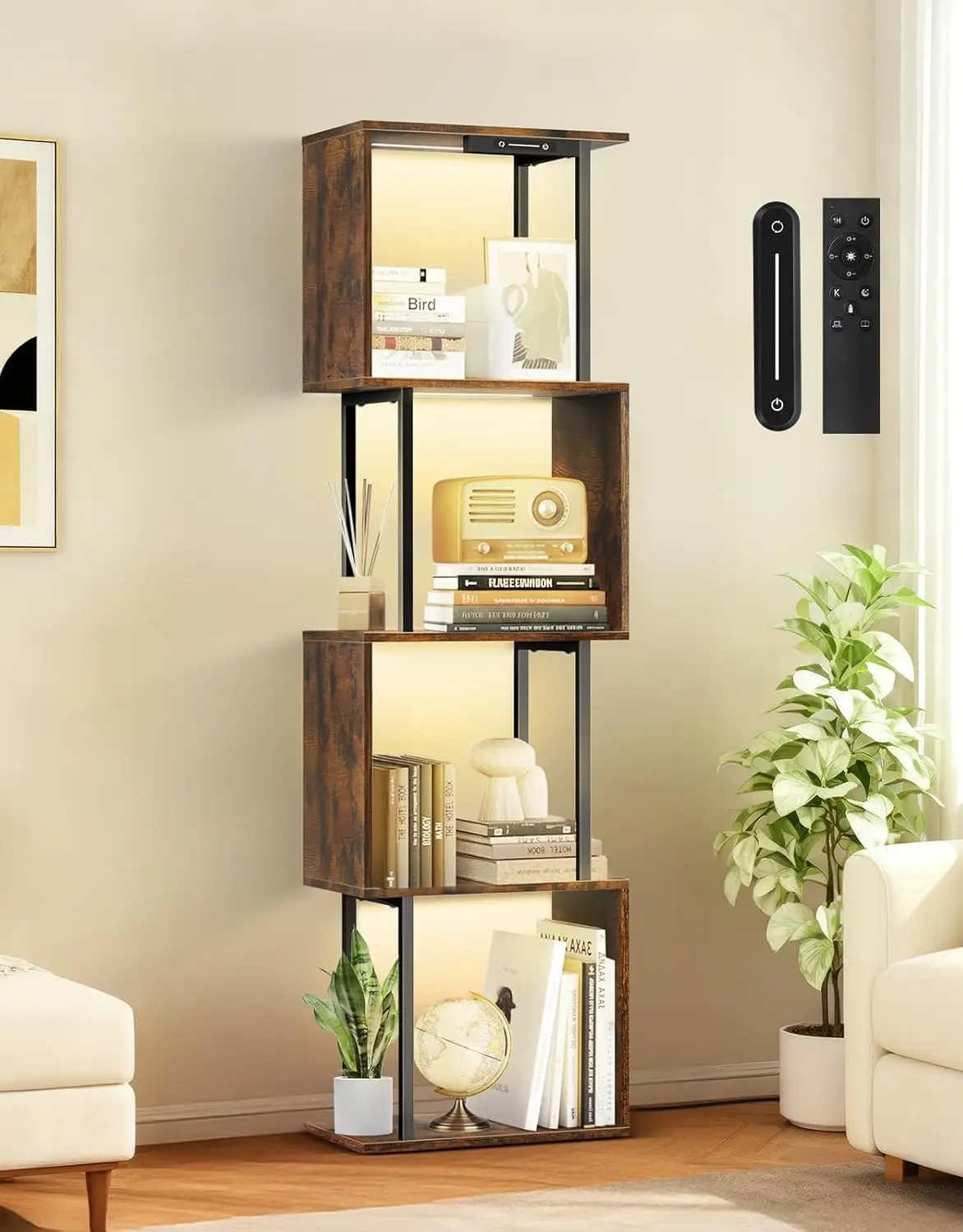 5 Tier S-Shaped Geometric Bookshelf with LED Light, 3 Color Temperatures, Touch & Remote Control, Dimmable Standing Book