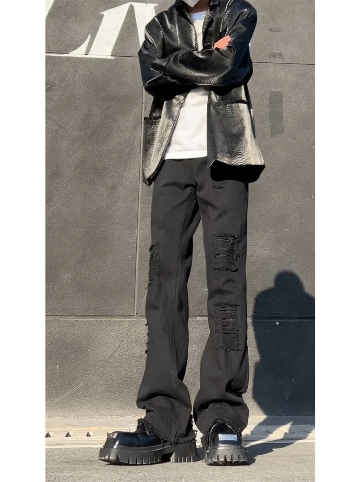 

Black American Style Men's Jeans Flared Straight Loose Leg Long Pants High Street Trend Spring Autumn Wear Resistant Stretch