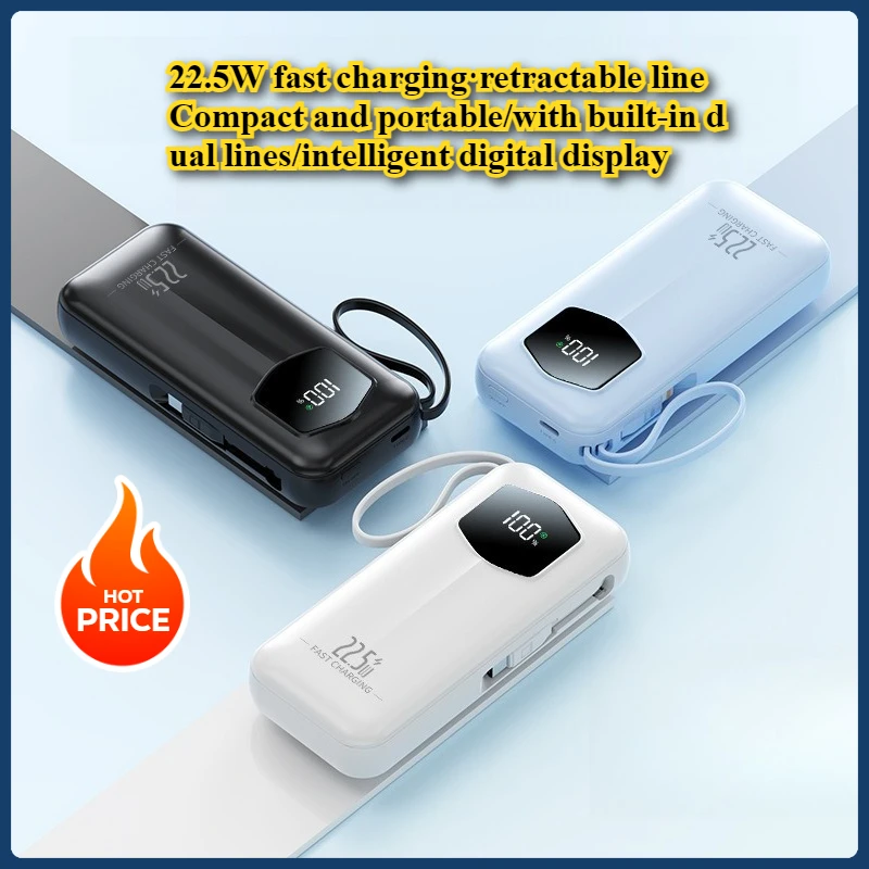 New 10000mAh Fast Charging Power Bank with Built-in Stretchable Cord