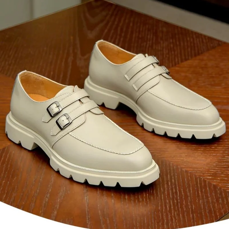 

Summer Beige Double Buckle Shoes Man Anti-Slip Thick Soled Leather Shoes With Calfskin Lining Slip-on Business Loafers Man Shoes