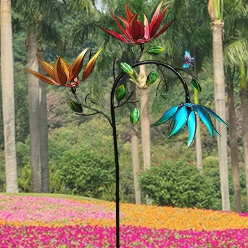 Large Metal Wind Spinner with Three Spinning Flowers Butterflies Windmill Wind Sculpture for Outdoor Garden Art Decor