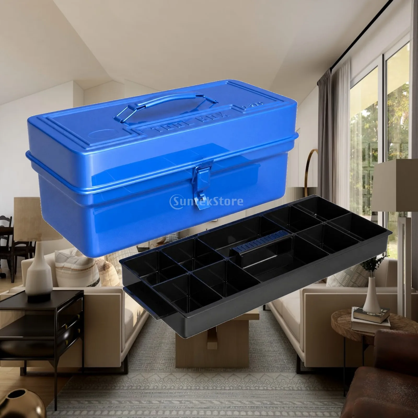 Portable Industrial Chest Storage Case Cold Rolled Steel Construction with Removable Black Tray for Screws Nails Hand Tools