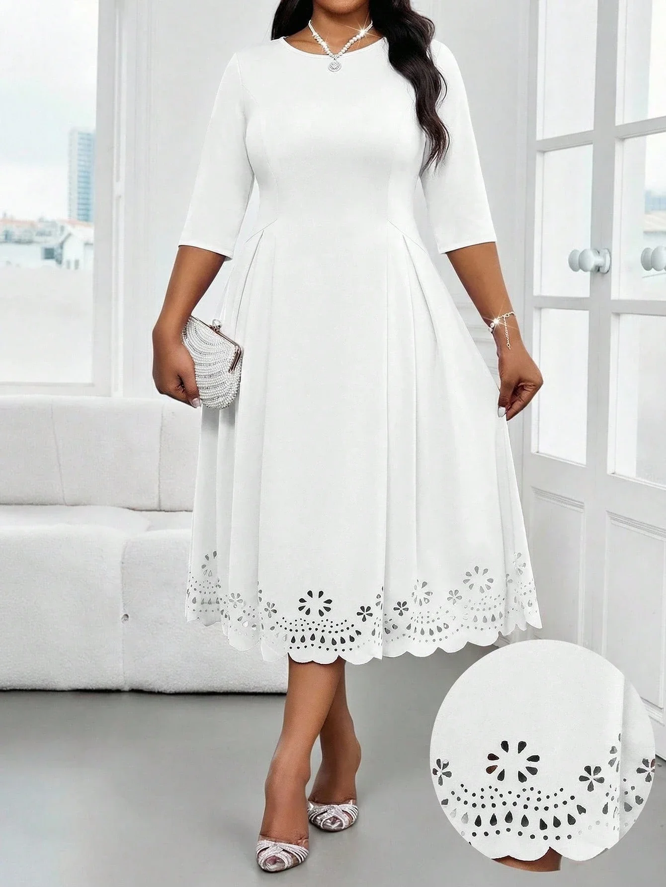 

White Plus Size Midi Dress With Hollow Out Hem Elegant A-Line Dress For Wedding Guest