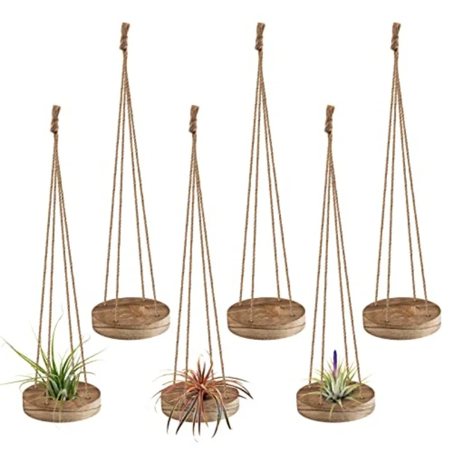 

6 Pcs Hanging Wooden Air Plant Holder 3 Round Airplants Live Hanger with Jute Ropes Rustic Tillandsia Succulent Display Contain