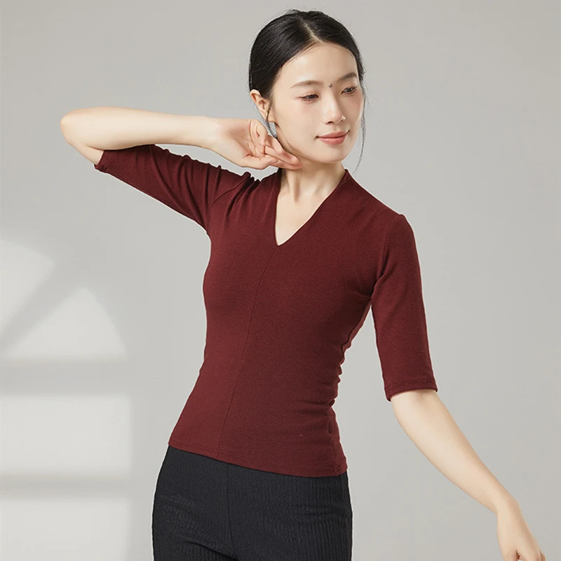 Modern Dance Top Women V-Neck Middle Sleeve Shirt Blouse Slim Training Clothes Stage Line Performance Costume Casual Dancewear