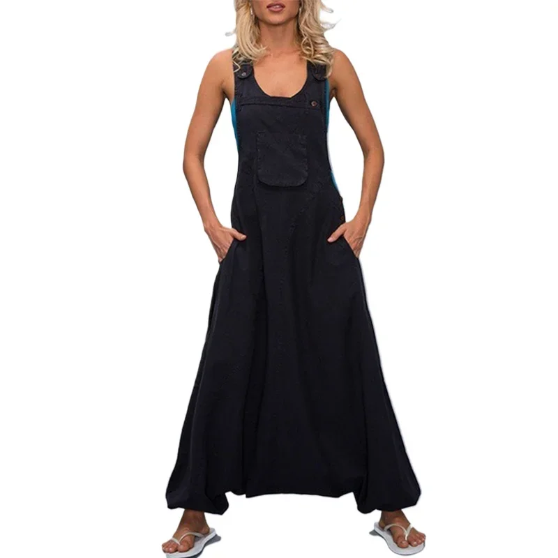 Women Summer Loose Thin Jumpsuits Harem Pants Wide Leg Pants Sleeveless Pockets Bib Jumpsuit Siamese Trousers Large Size S-5XL