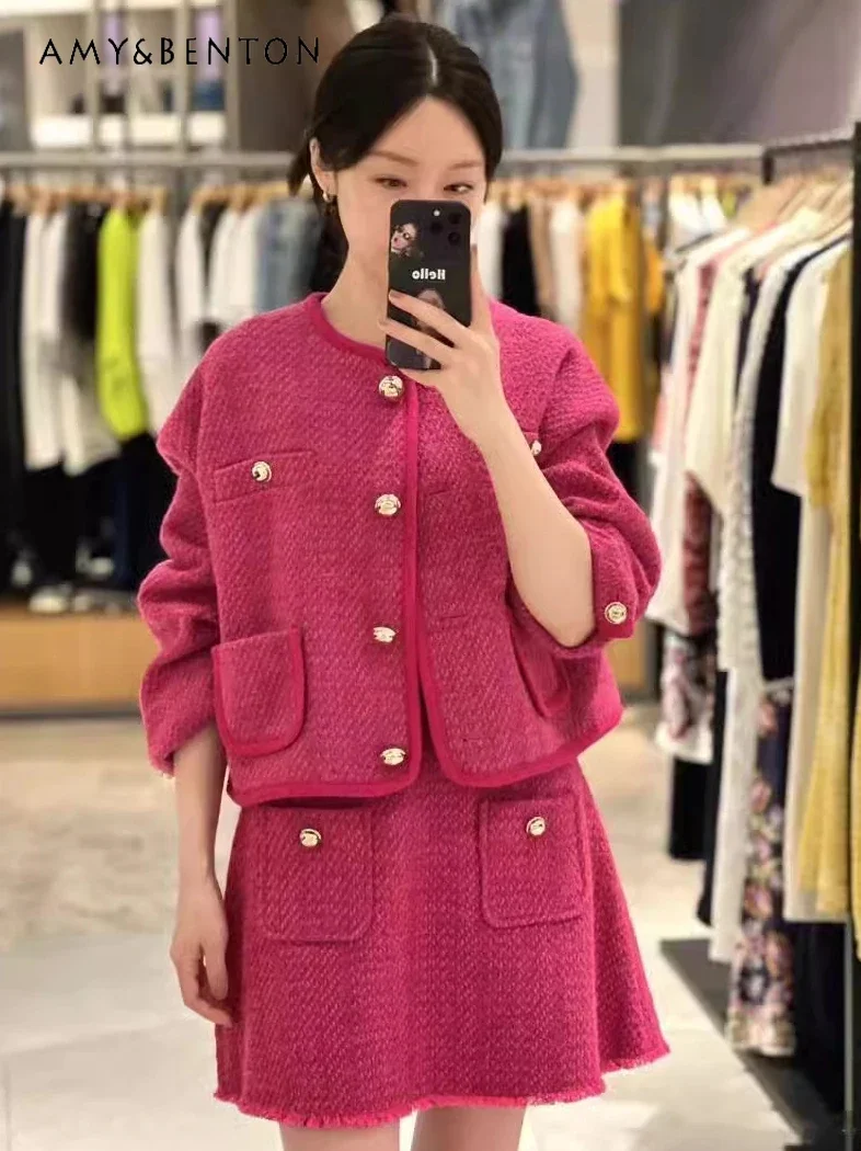 

Autumn Winter New High-end Temperament Skirt Sets French Socialite Gentle Tweed Short Coat High Waist Skirt Two-piece Set Women