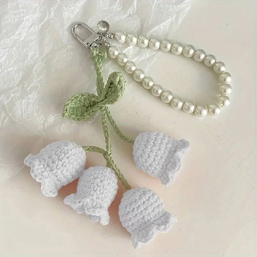 1 Piece of Cute Handmade Crocheted Lily of the Valley Flower Faux Pearl String Fashion Keychain Bag Charm