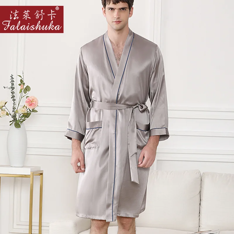 19 momme 100% mulberry silk robes men simple Long sleeve autumn Noble silver gray real silk male elegance robes S5631