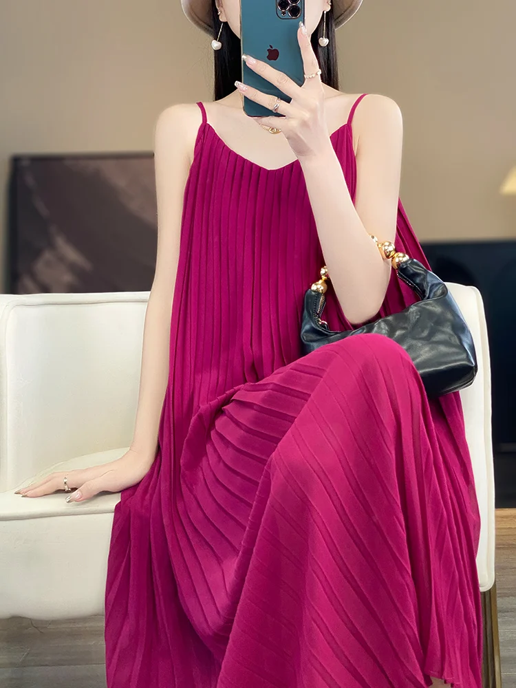 Verano acetato satén suelto n V-Ne plisado largo Dr Sexy Hada T cintura alta A-Line vestido para vacaciones Vaions