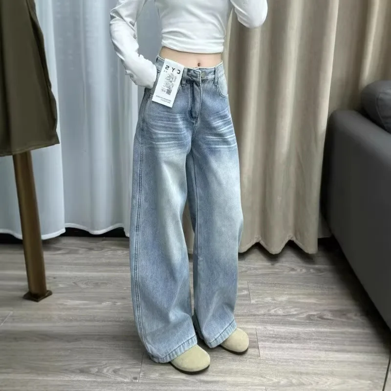 Light Blue Wide Leg Curved Knife Jeans for Women, 2026 Spring New Style, American High Waist Hanging Design, Straight Leg Pants