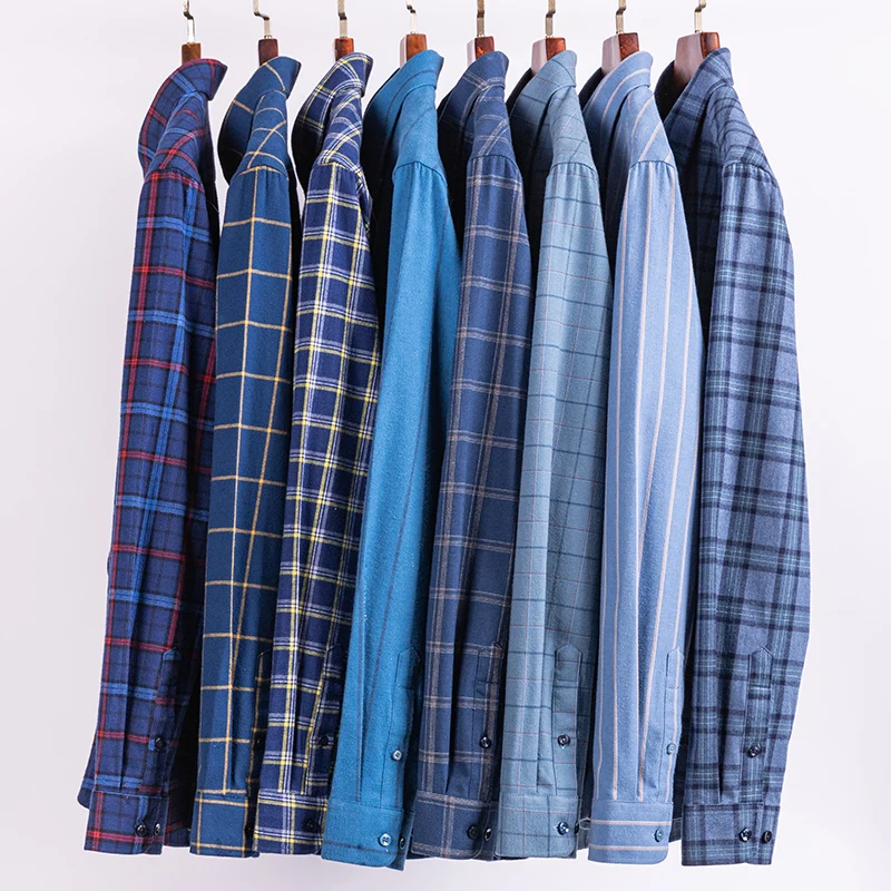 Men Business Casual Fashion Brushed Flannel 100% Cotton Long Sleeve Striped Shirt Single Patch Pocket Comfort Regular Fit Shirt