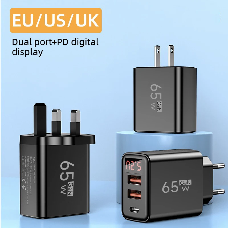 3 IN 1 GaN Digital Display Charger 65W USB PD Fast Charging Wall Chargers Adapter For iPhone Samsung Xiaomi Tablet EU/US/UK Plug