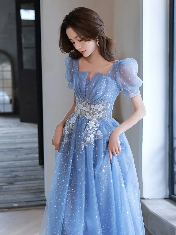 Blue Annual Party Dress Female Temperament Elegant Long Host Special Interest Light Luxury High-End Texture Art Exam Vocal Music