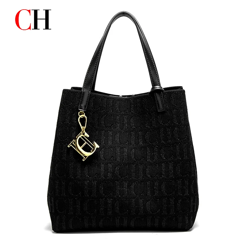 CH Women Printed Tote Bag Large Capacity Top Handle Shoulder Bag Commute Shopping Handbag With Pendant