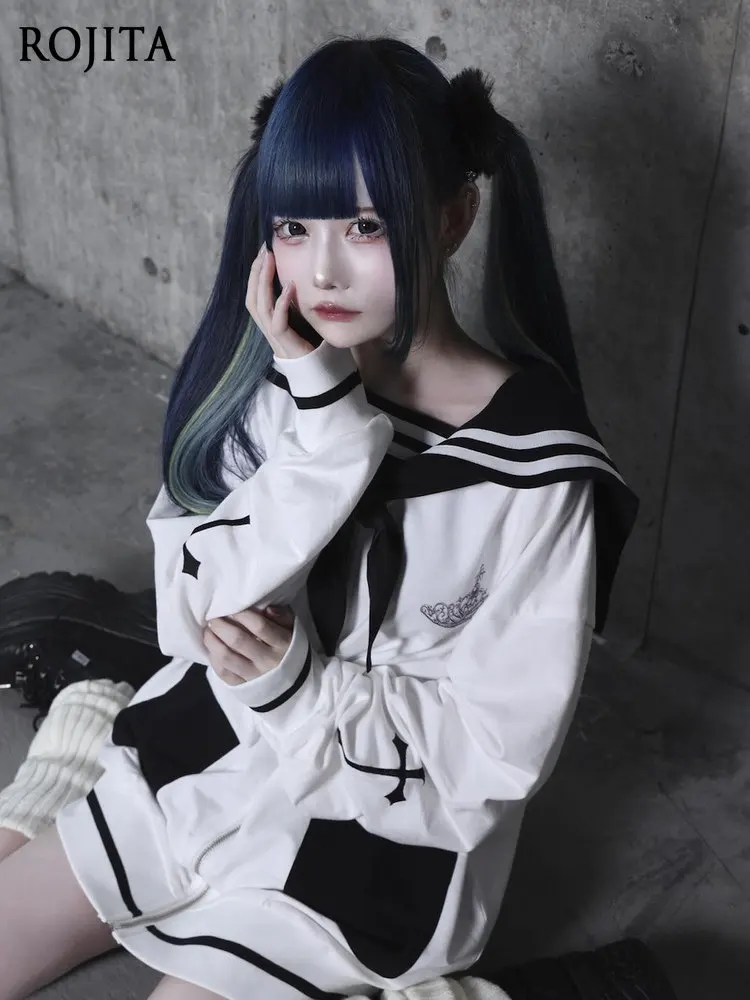 Japanese Style College Wind Sailor Collar Cross Embroidery Color Block Loose Slimming Mid-Length Zipper Jacket with Scarf