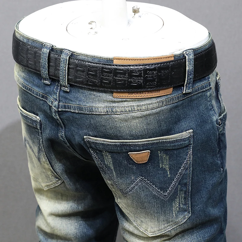 Fashion Designer Men Jeans High Quality Retro Washed Blue Stretch Slim Fit Ripped Jeans Men Vintage Casual Denim Pants Hombre