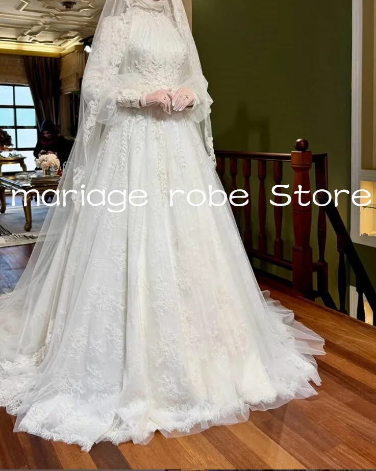 

White Muslim Caftan Wedding Dresses Shiny Applique Lace Long Sleeve Customsized Saudi Arabic Kaftan Bride Wear Wedding Gown
