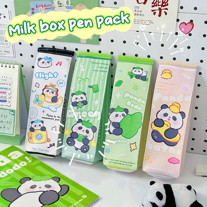 Bonita bolsa de Panda para bolígrafos, estuche de lápices de cartón de leche, bolsa de cosméticos de PU, caja de almacenamiento de lápiz labial, contenedor organizador de papelería