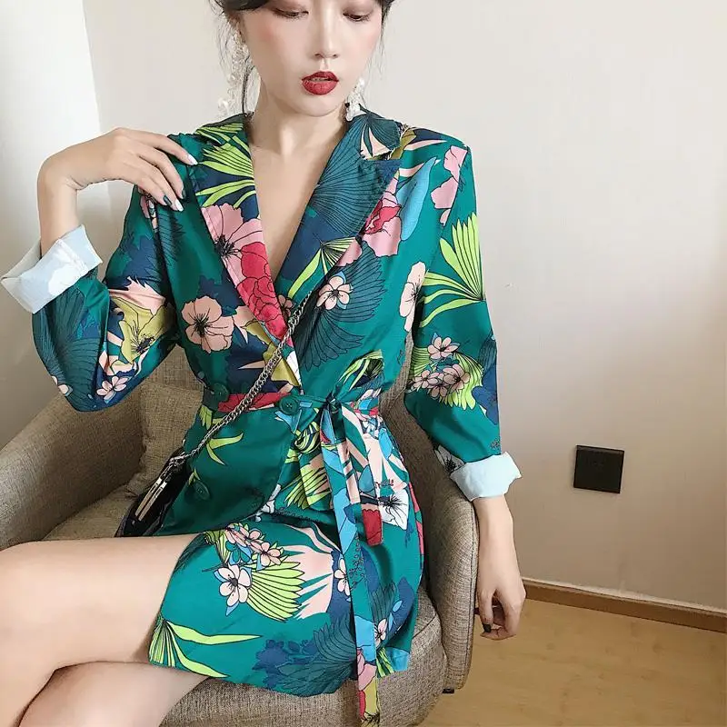 New Fashion Trend Women Print Flower Long Sleeves Suit Jacket Elegant Autumn Winter Office Lady Cardigan Coat Casual Streetwear