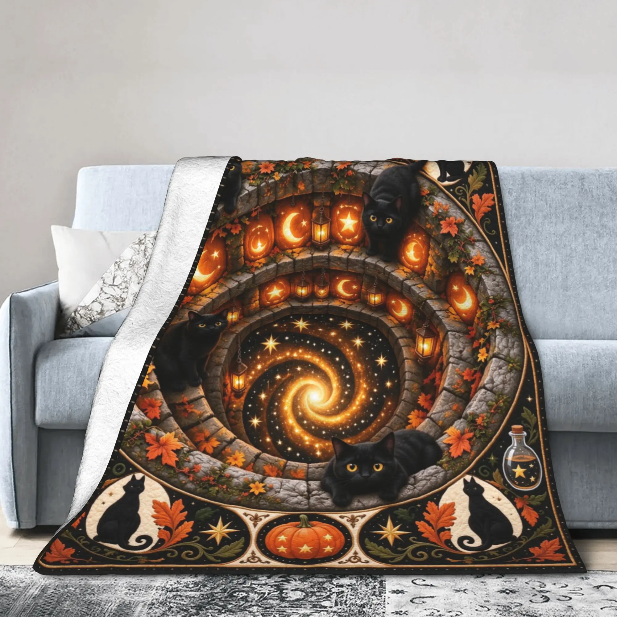 3D Illusion Halloween Blanket Cover Black Cat Witchy Plush Throw Blankets Home Couch Personalised Lightweight Bedspread