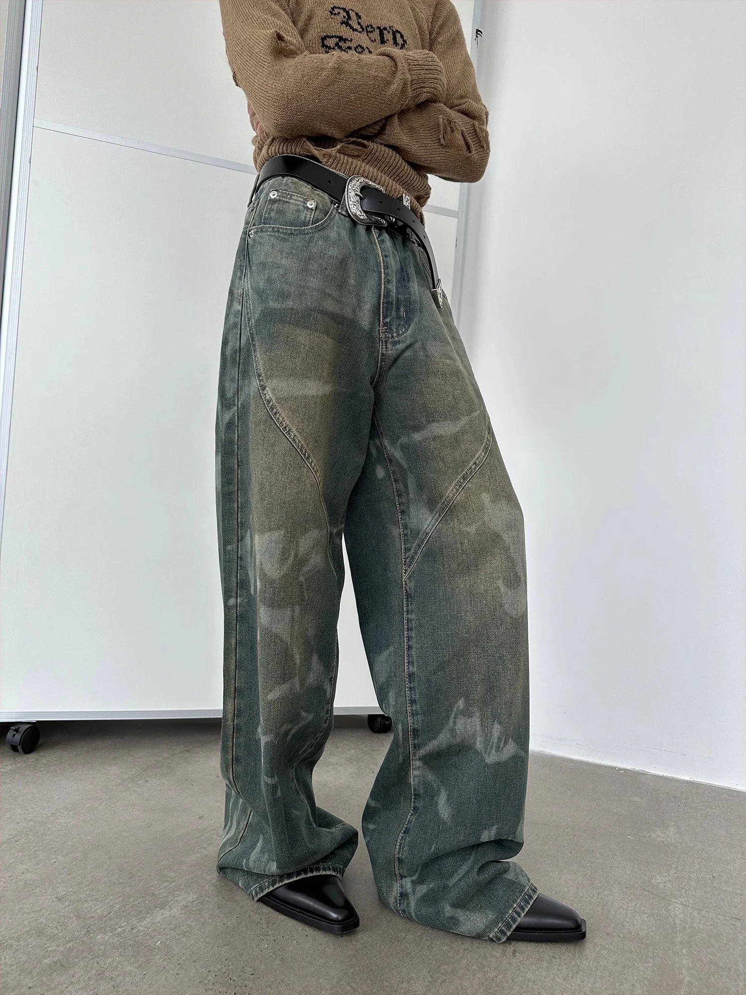 

Retro American Waed Yellow Men's Loose Straight Leg High Street Versatile Wide Leg Floor-Length Jeans Casual Straight Fit