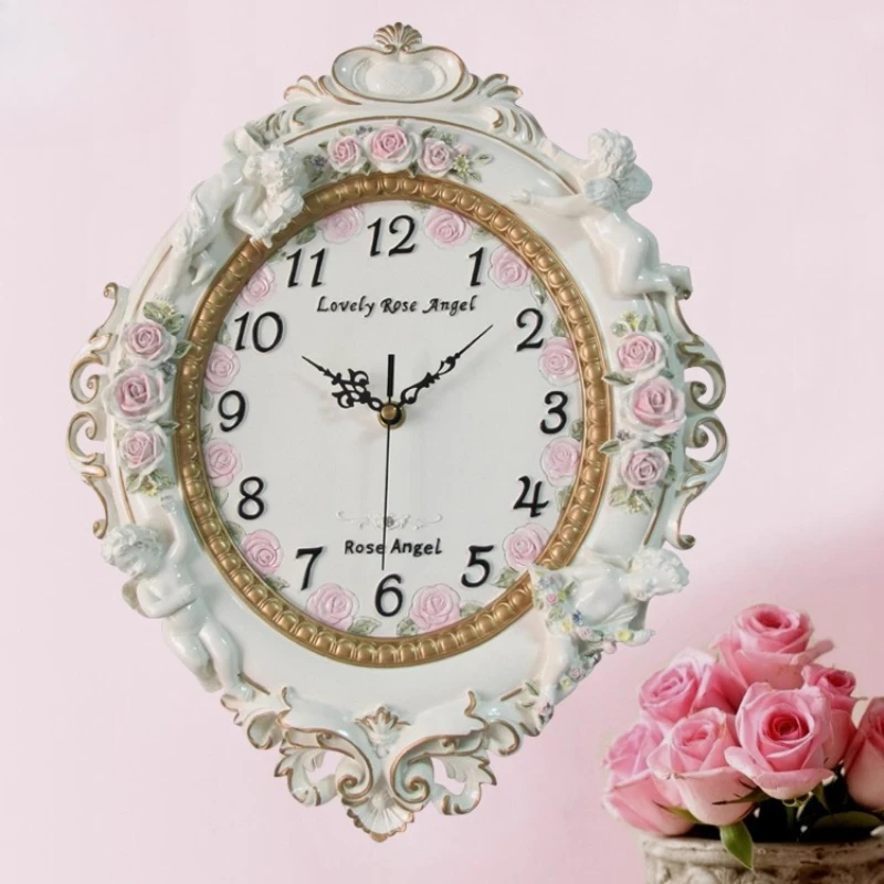 

European Resin Wall Clock Luxury Art Coffee Shop Clock Retro Angel Indoor Large Wall Clock Suitable For Home Decoration